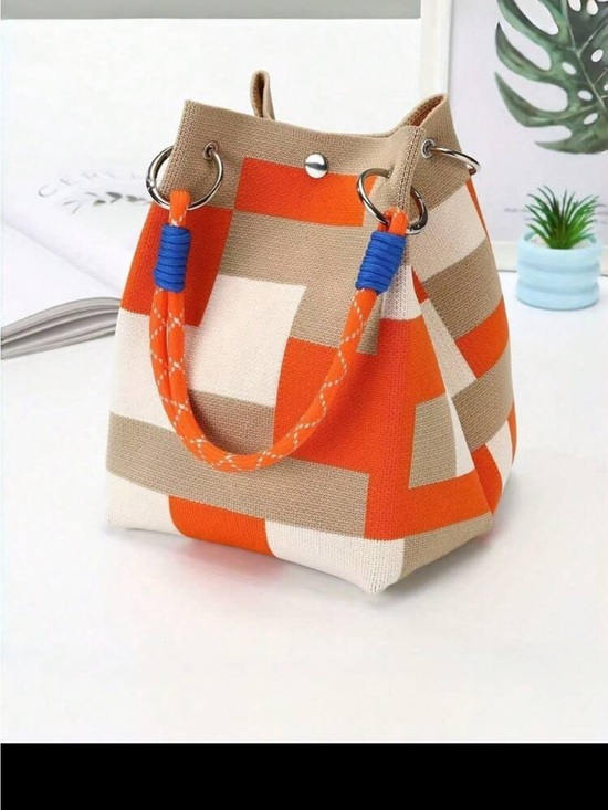 Handbags - Canvas Geometric Bucket Bag - Orange & Beige